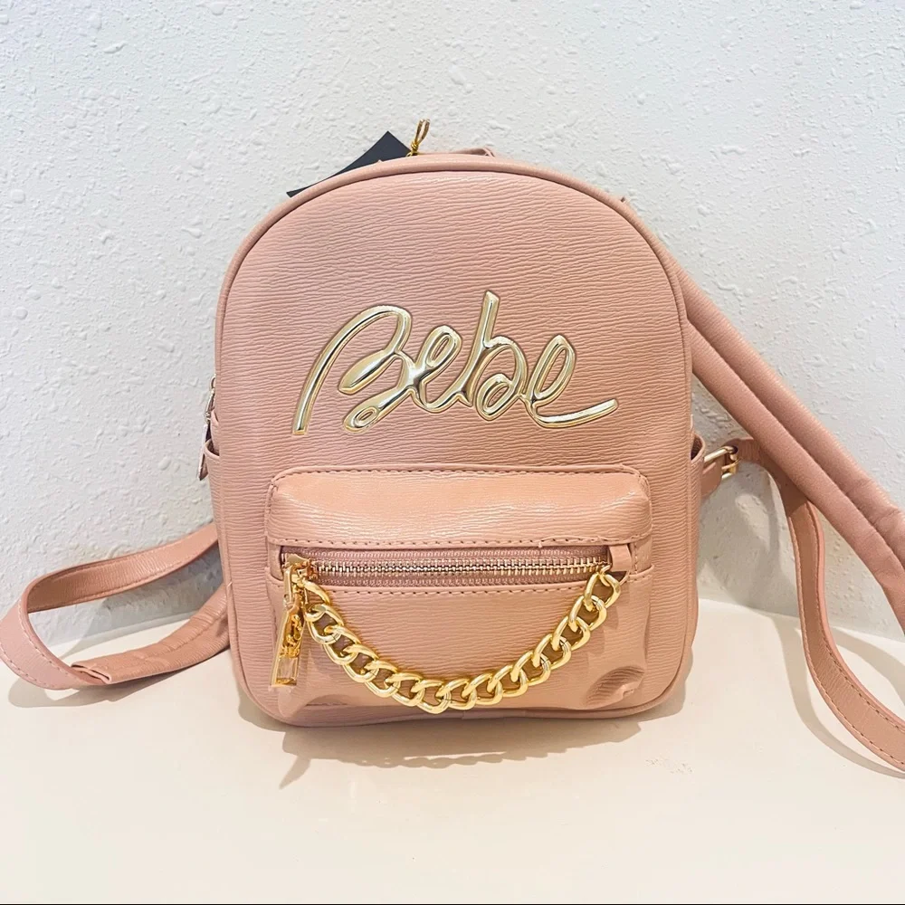 BEBE Gianna Logo Chain Women’s Blush Mini Backpack OS NWT